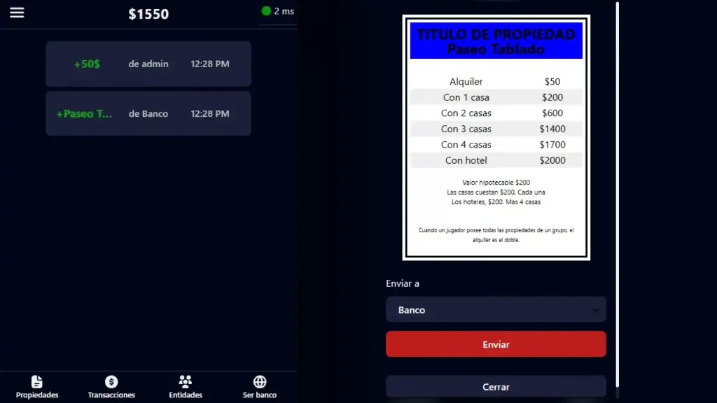 Bancopoly real-time transactions and property deeds interface